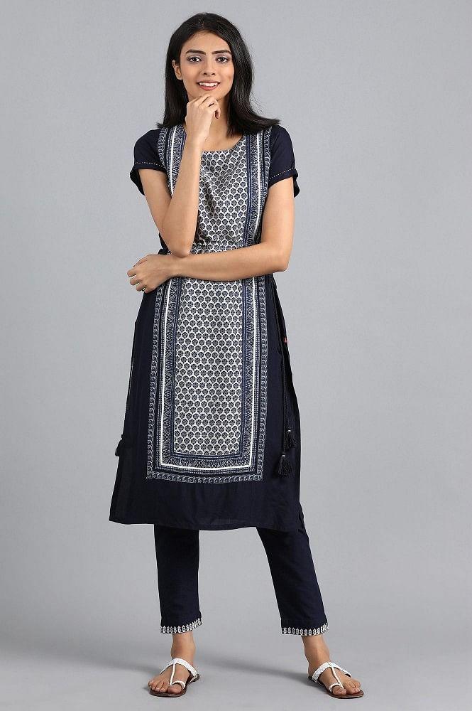 Blue Round Neck Printed kurta - wforwoman