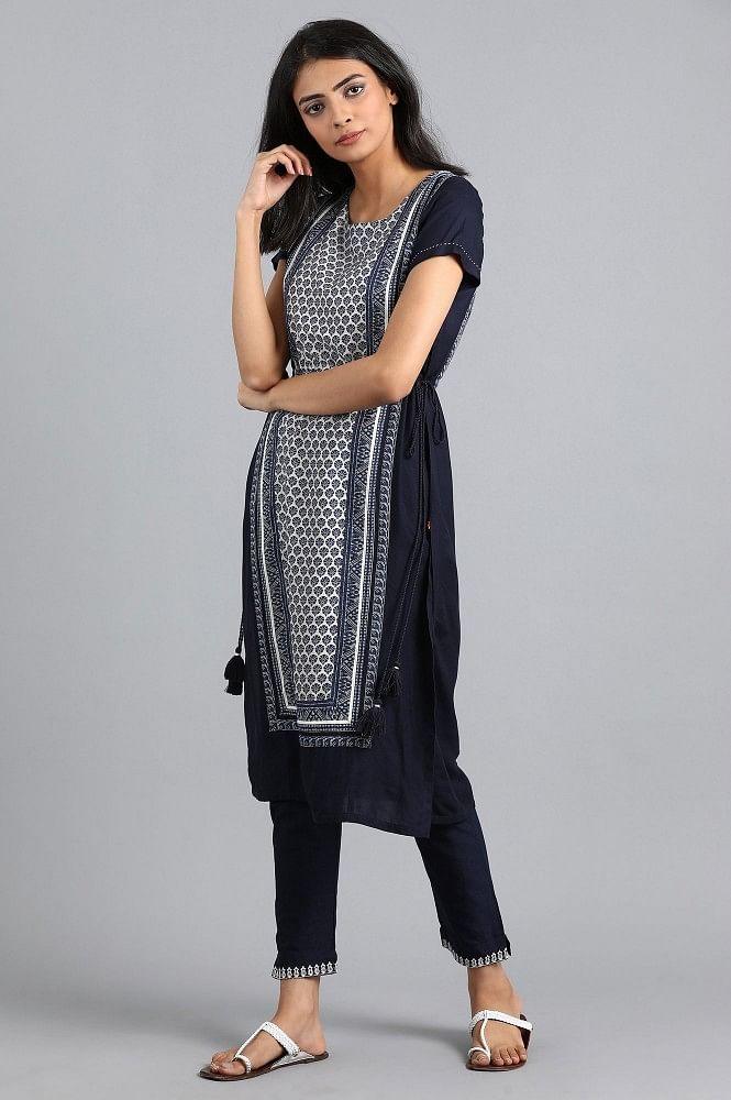 Blue Round Neck Printed kurta - wforwoman