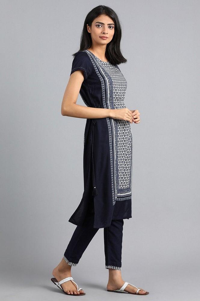 Blue Round Neck Printed kurta - wforwoman