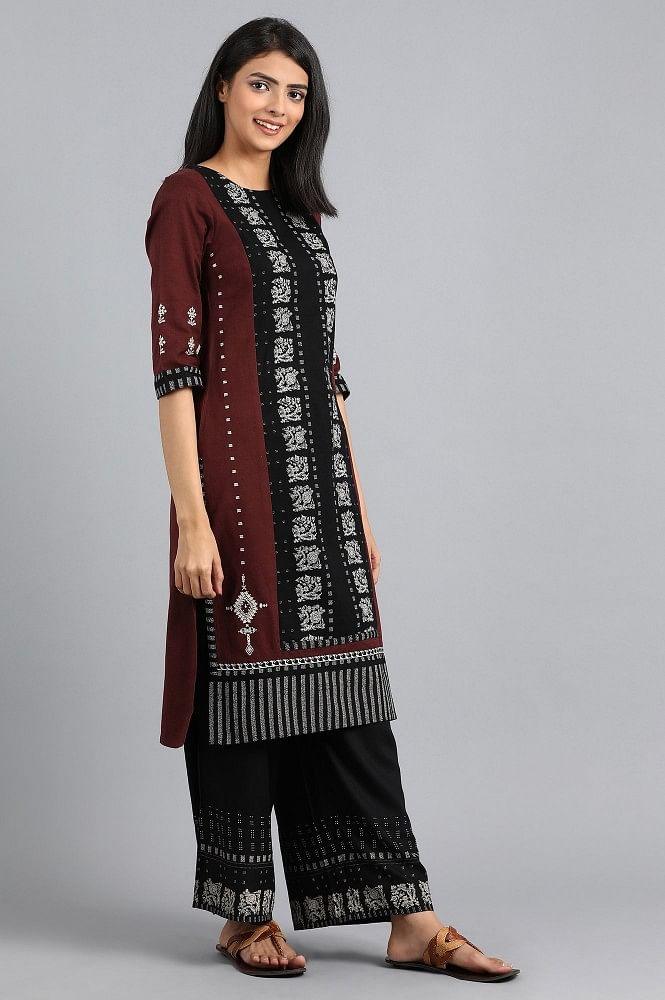 Maroon Round Neck Printed kurta - wforwoman