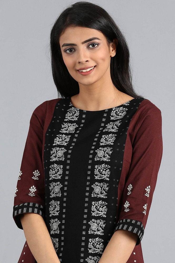 Maroon Round Neck Printed kurta - wforwoman