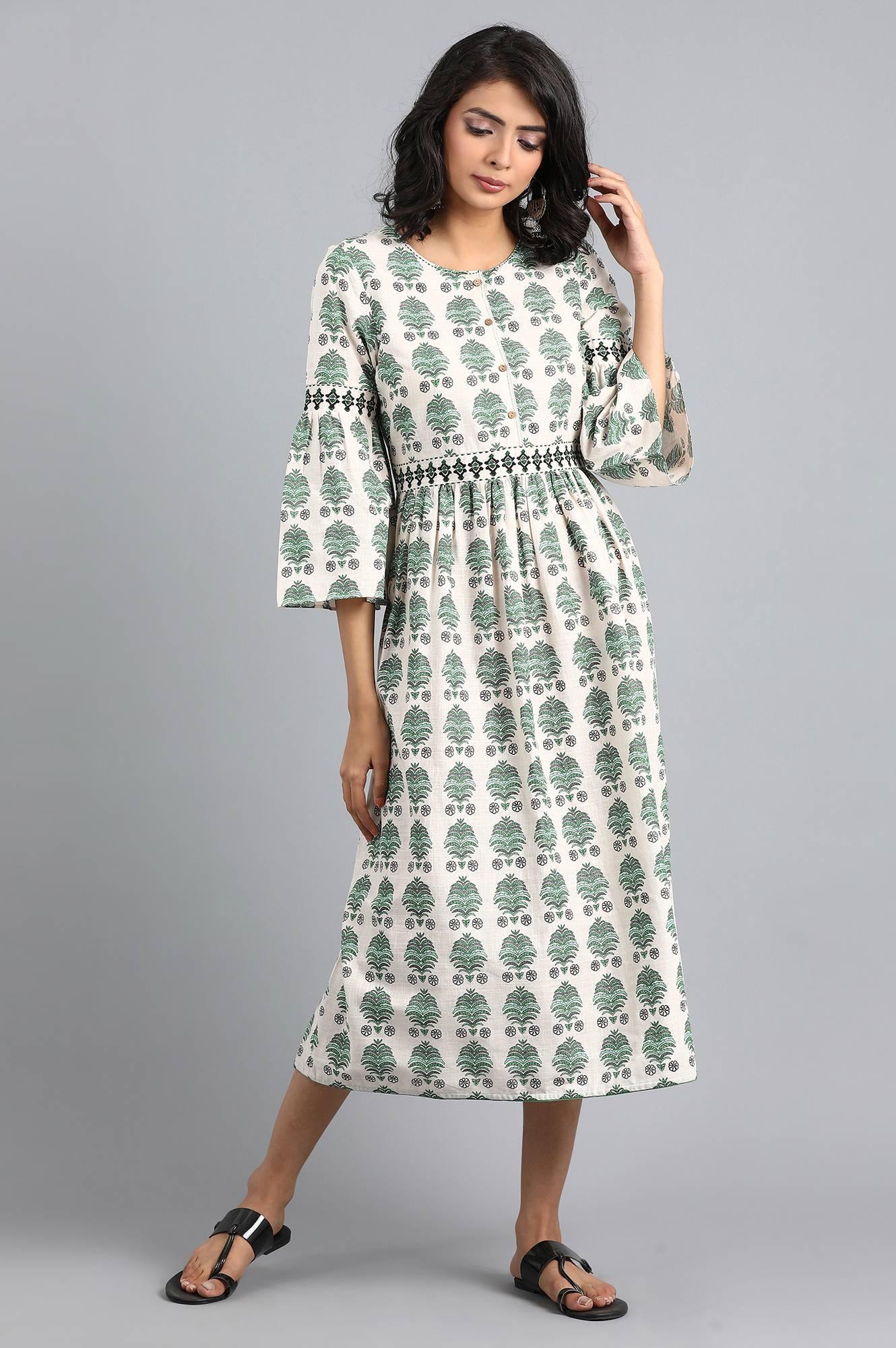 Cream Round Neck Gathered Dress - wforwoman