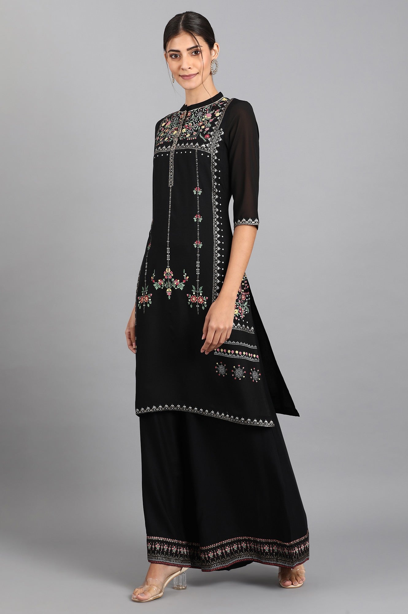 Black Mandarin Neck Printed kurta