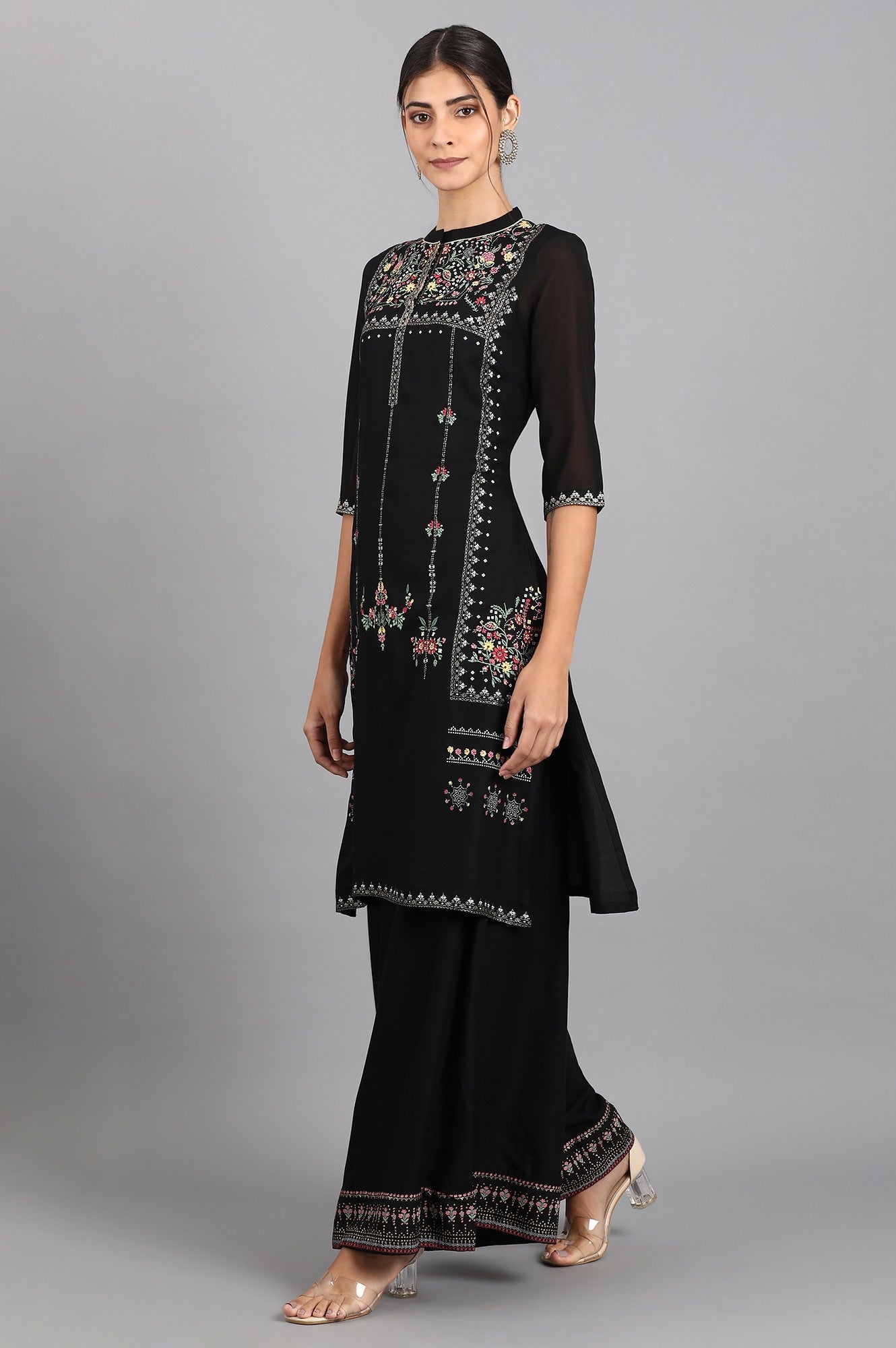 Black Mandarin Neck Printed kurta