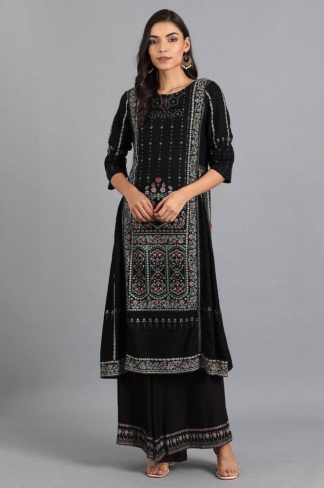 Black Round Neck Printed kurta - wforwoman