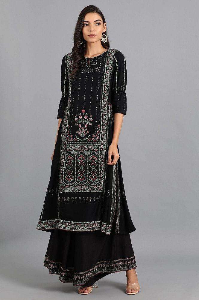 Black Round Neck Printed kurta - wforwoman