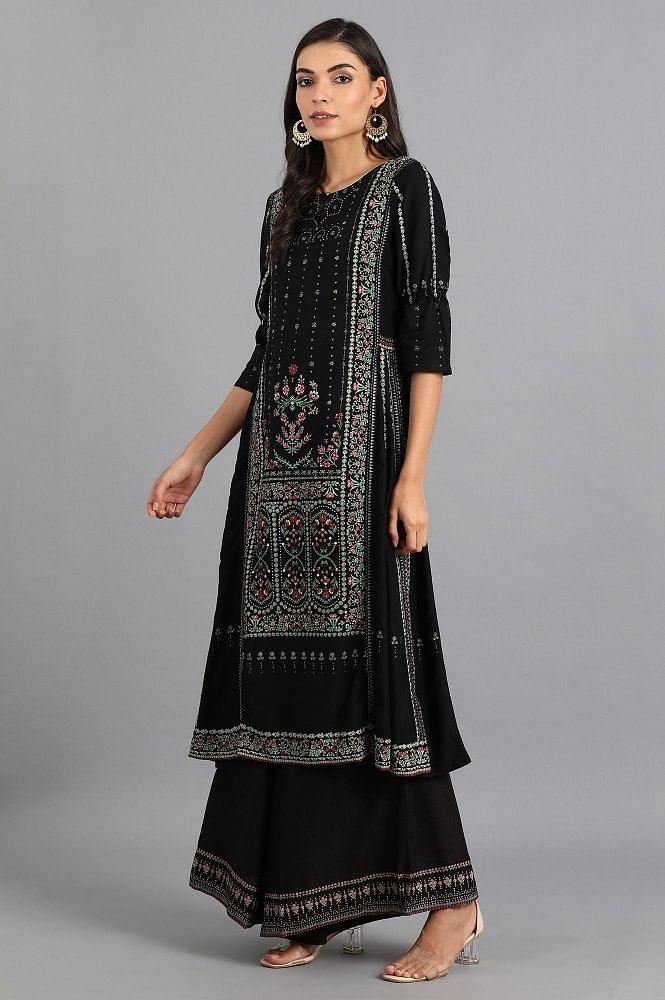 Black Round Neck Printed kurta - wforwoman