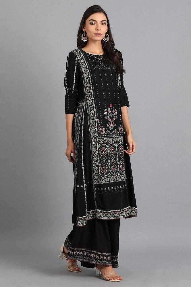 Black Round Neck Printed kurta - wforwoman