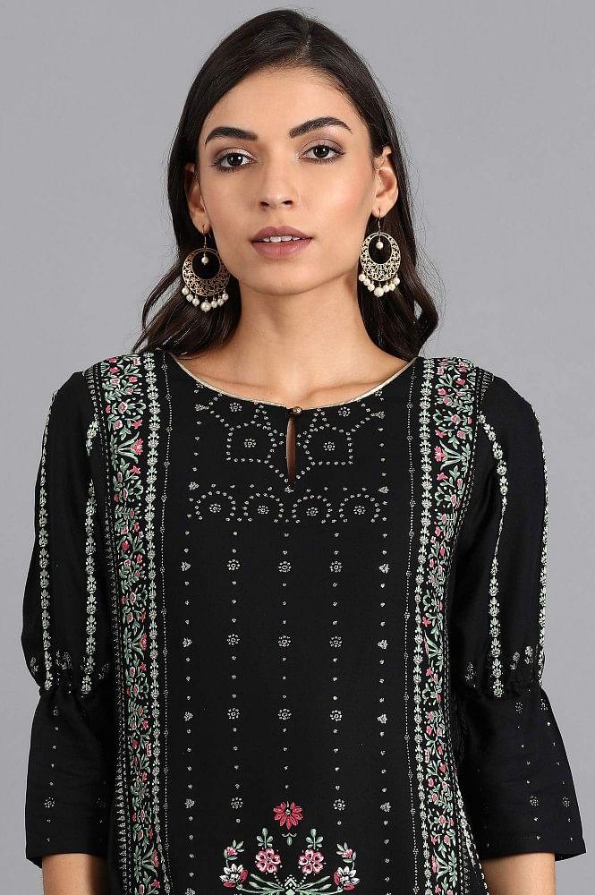 Black Round Neck Printed kurta - wforwoman