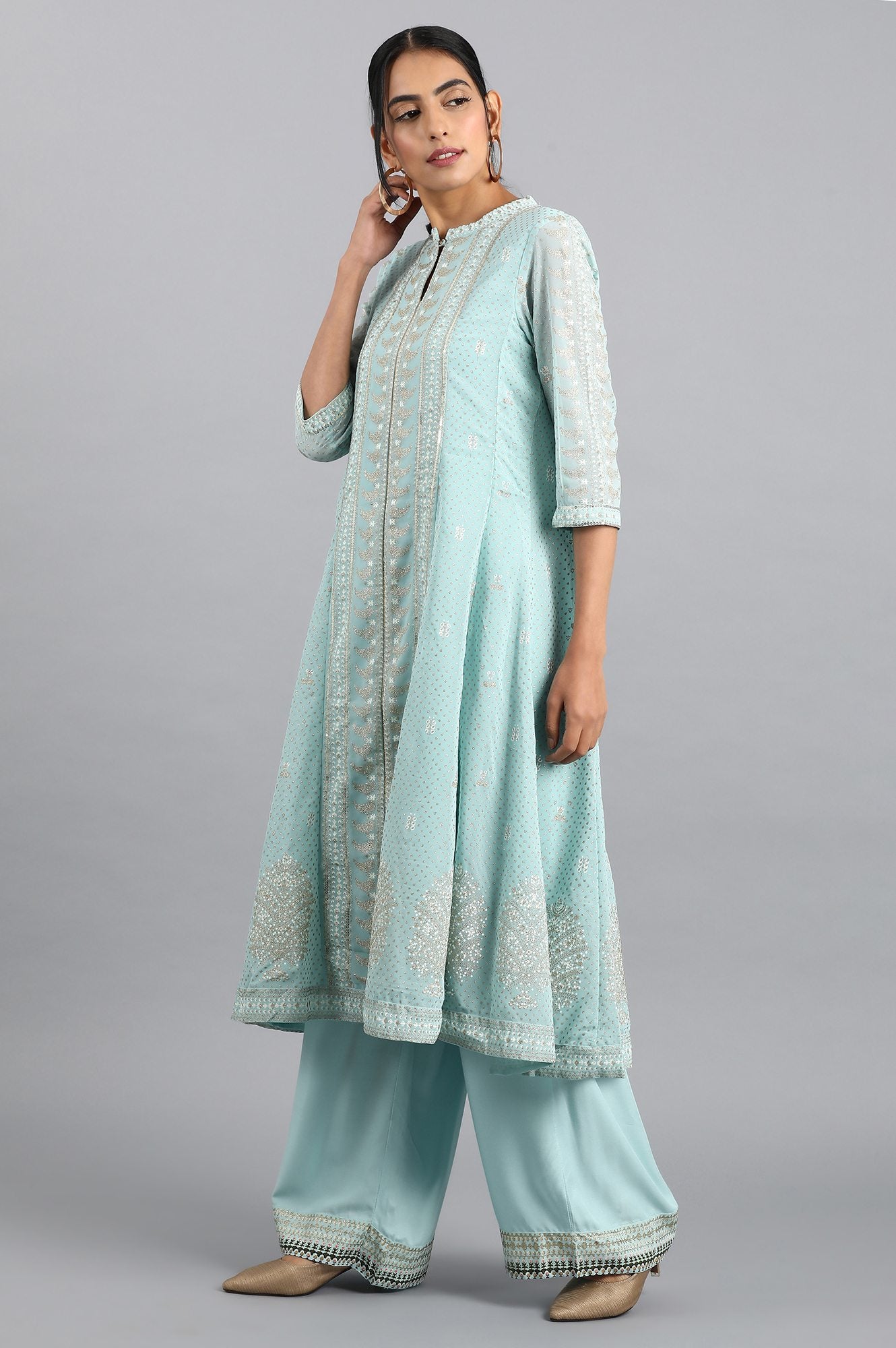 Blue Mandarin Neck Glitter Print kurta