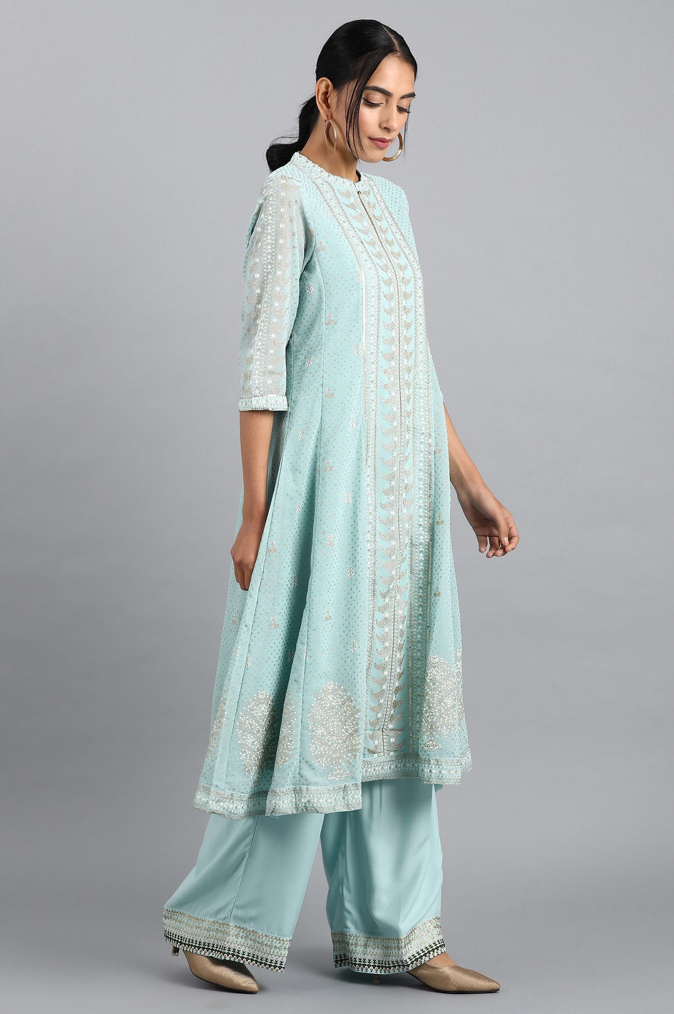 Blue Mandarin Neck Glitter Print kurta