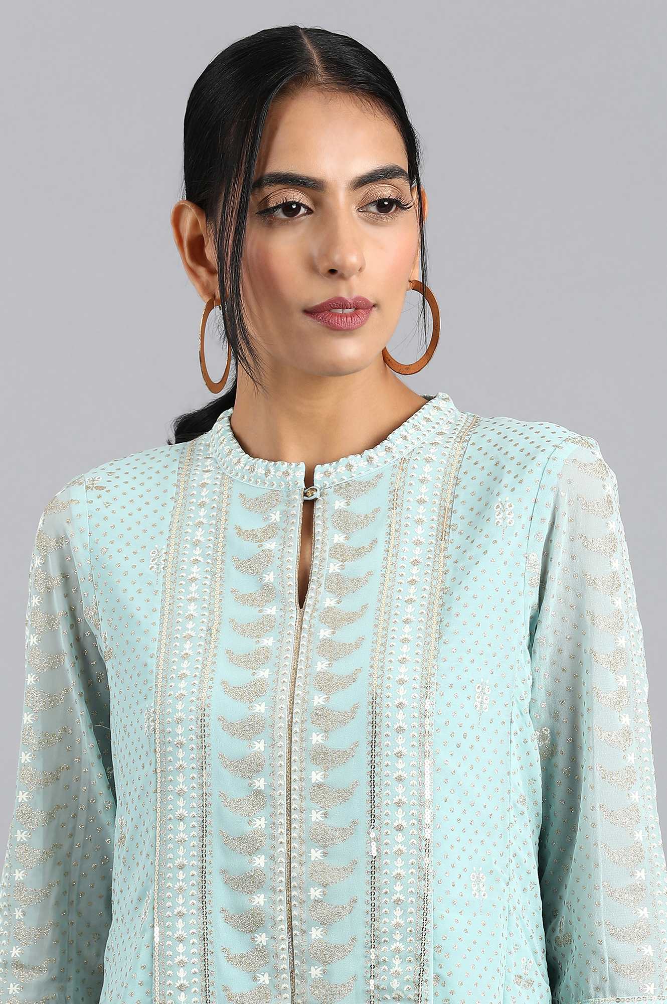 Blue Mandarin Neck Glitter Print kurta