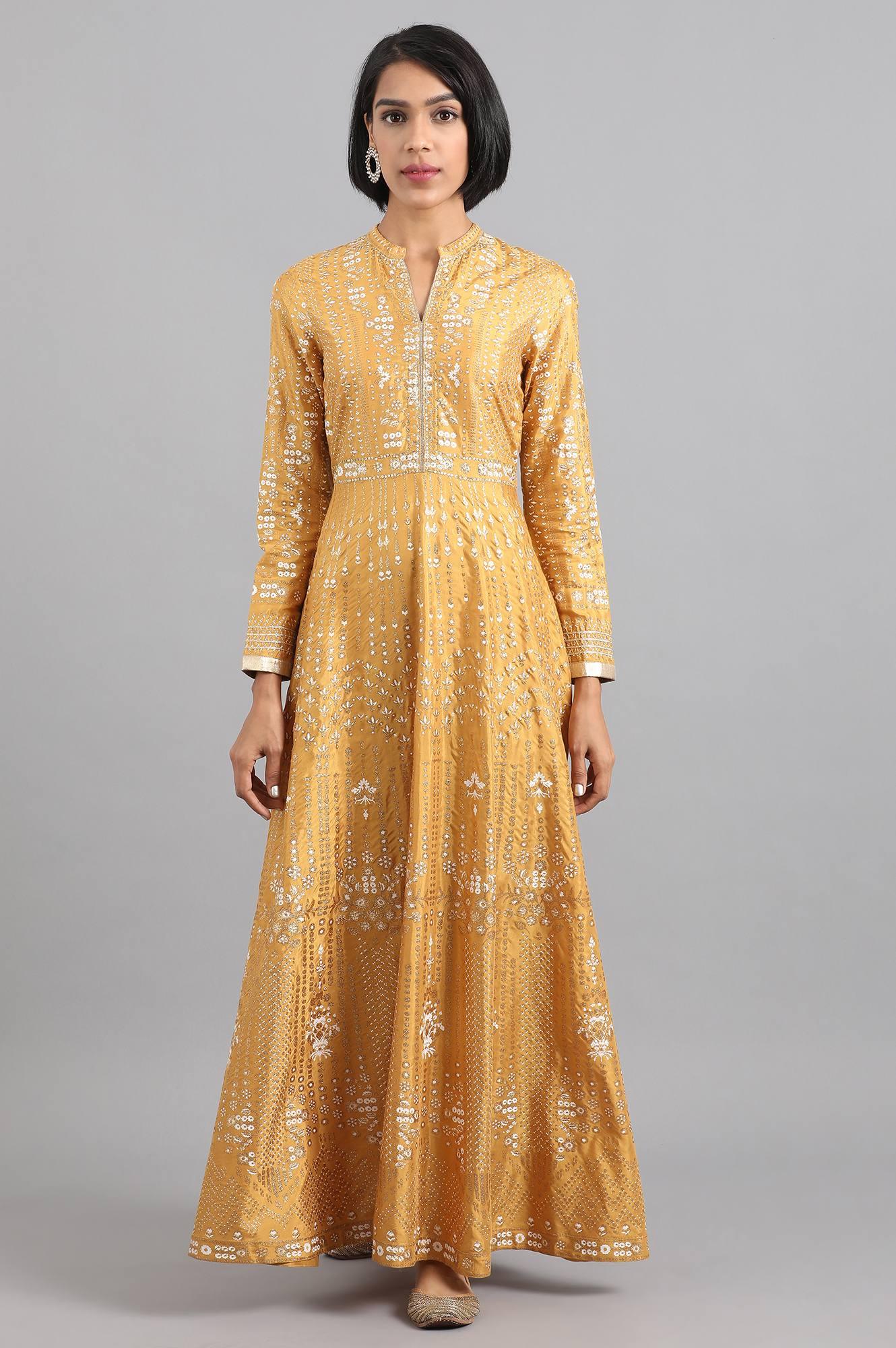 Yellow Mandarin Neck Flared Gown - wforwoman