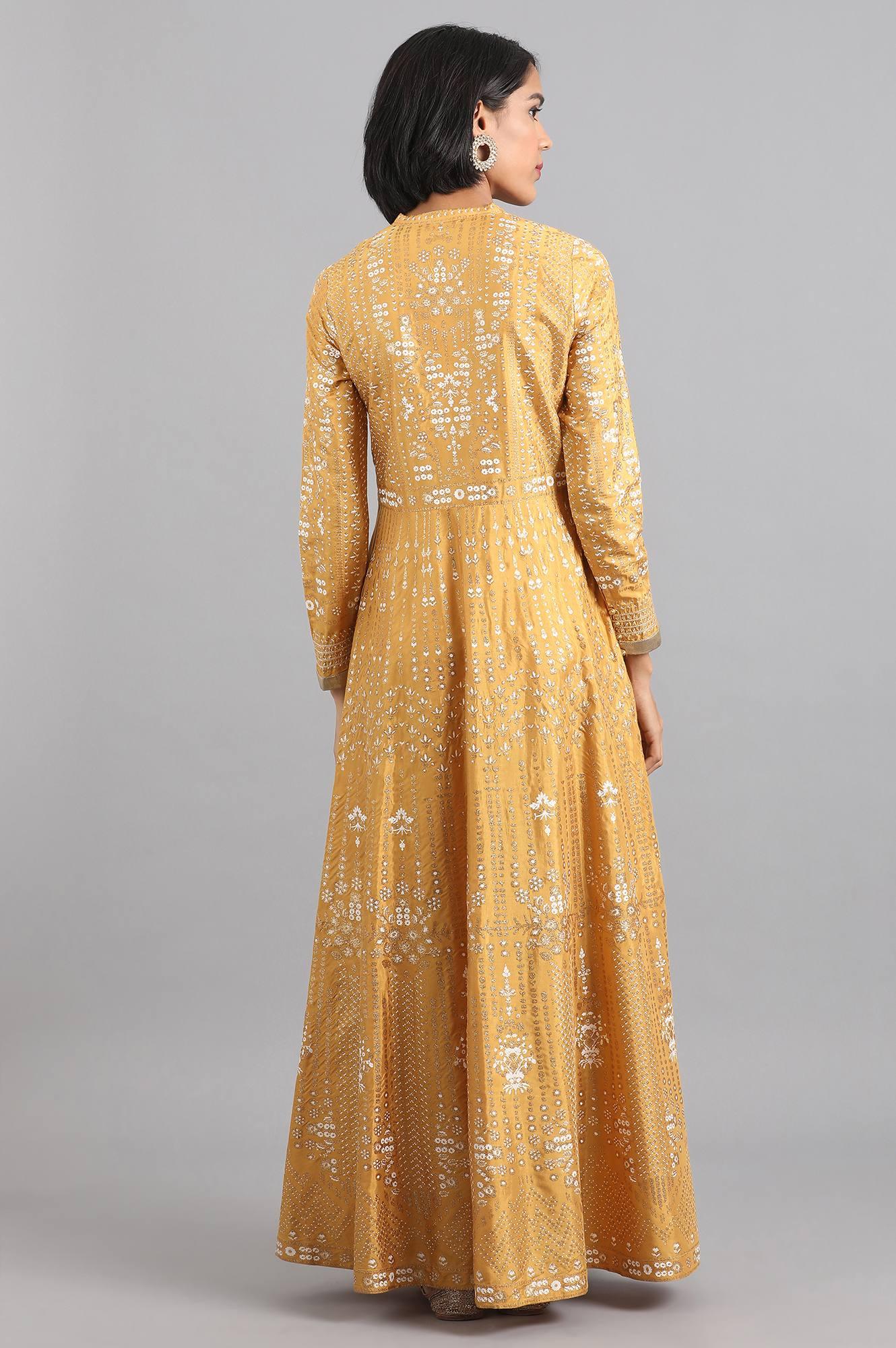 Yellow Mandarin Neck Flared Gown - wforwoman