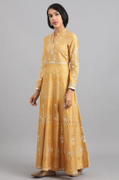 Yellow Mandarin Neck Flared Gown - wforwoman