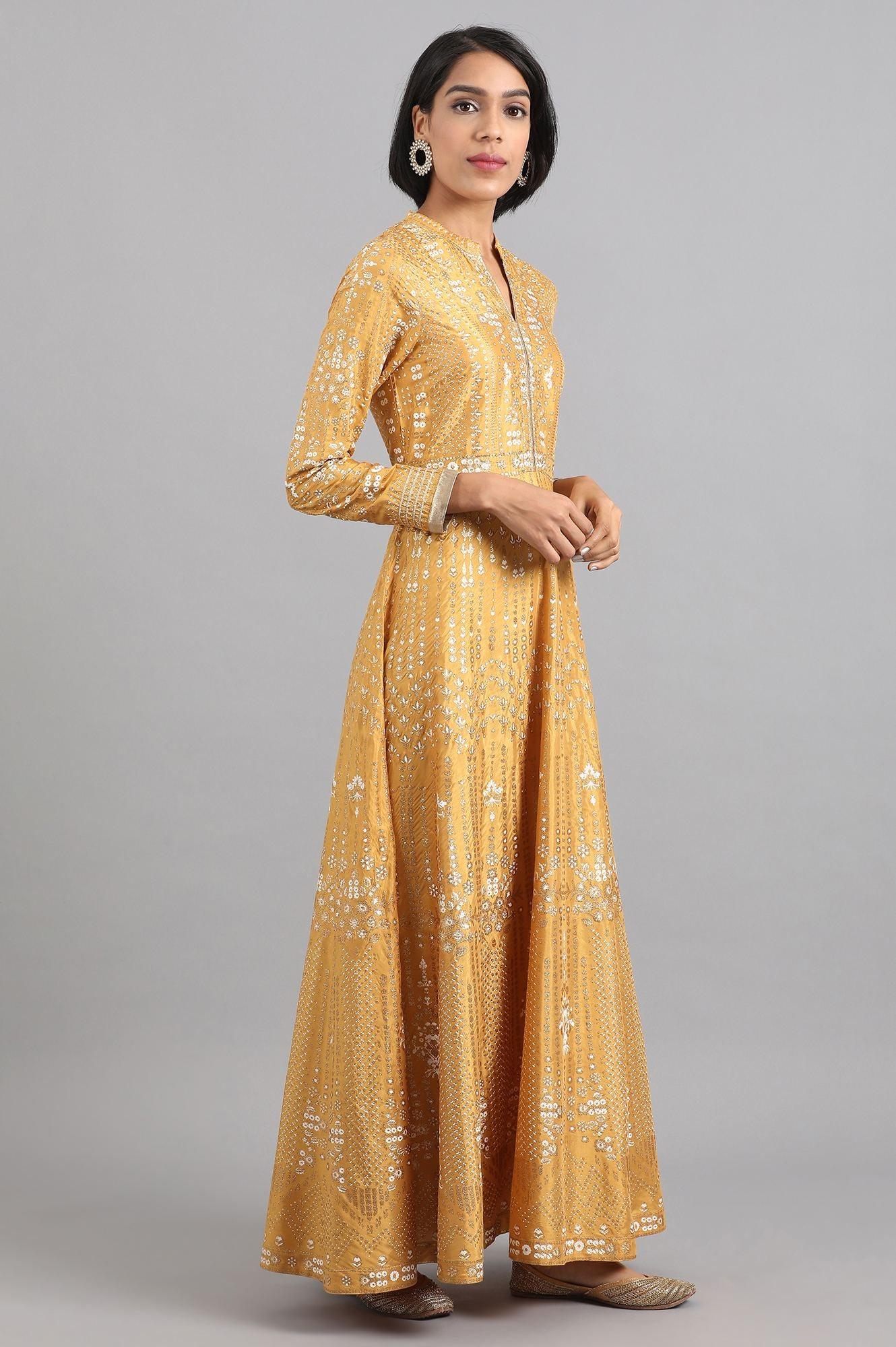 Yellow Mandarin Neck Flared Gown - wforwoman