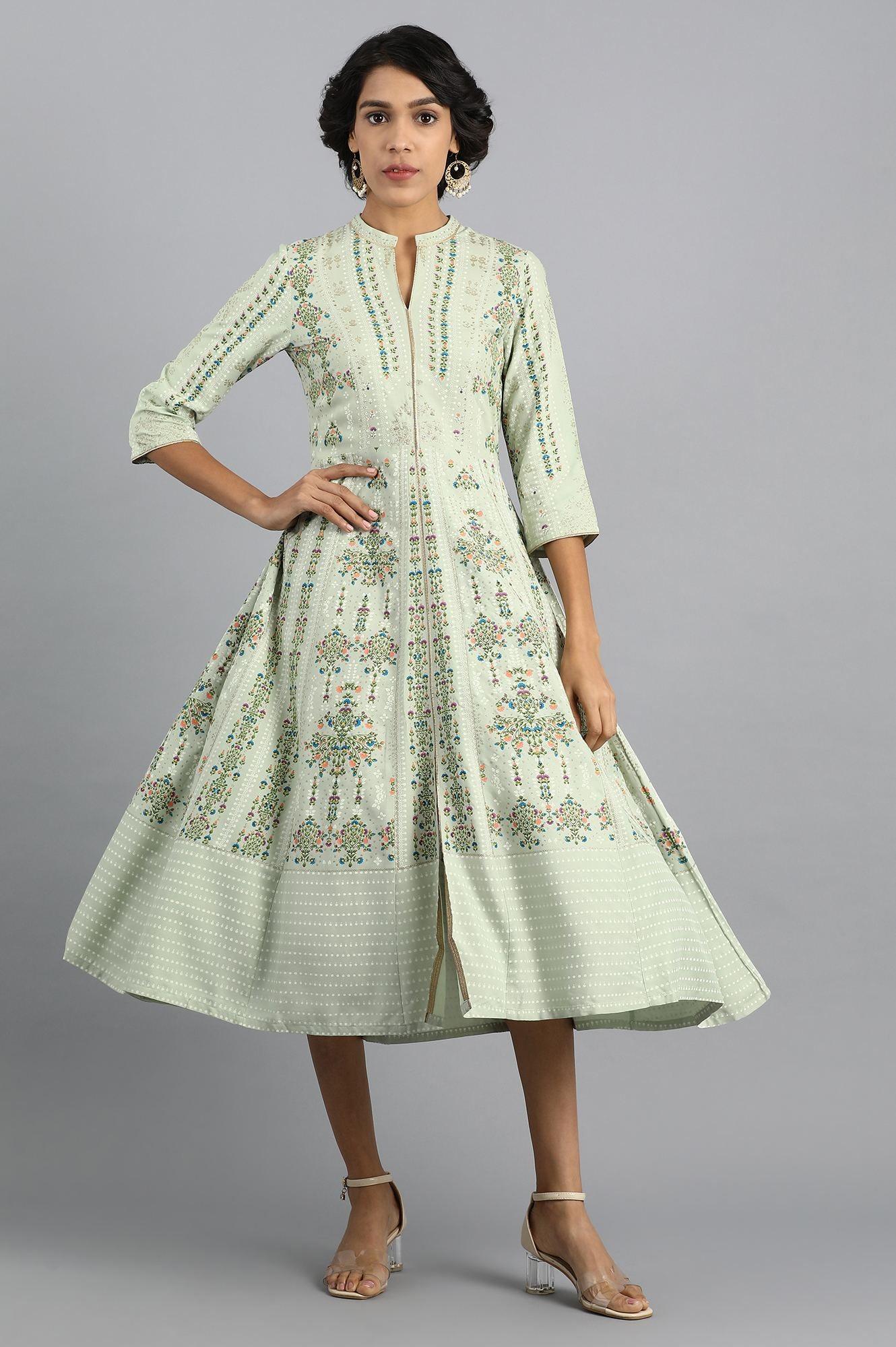 Green Mandarin Neck Printed Dress - wforwoman