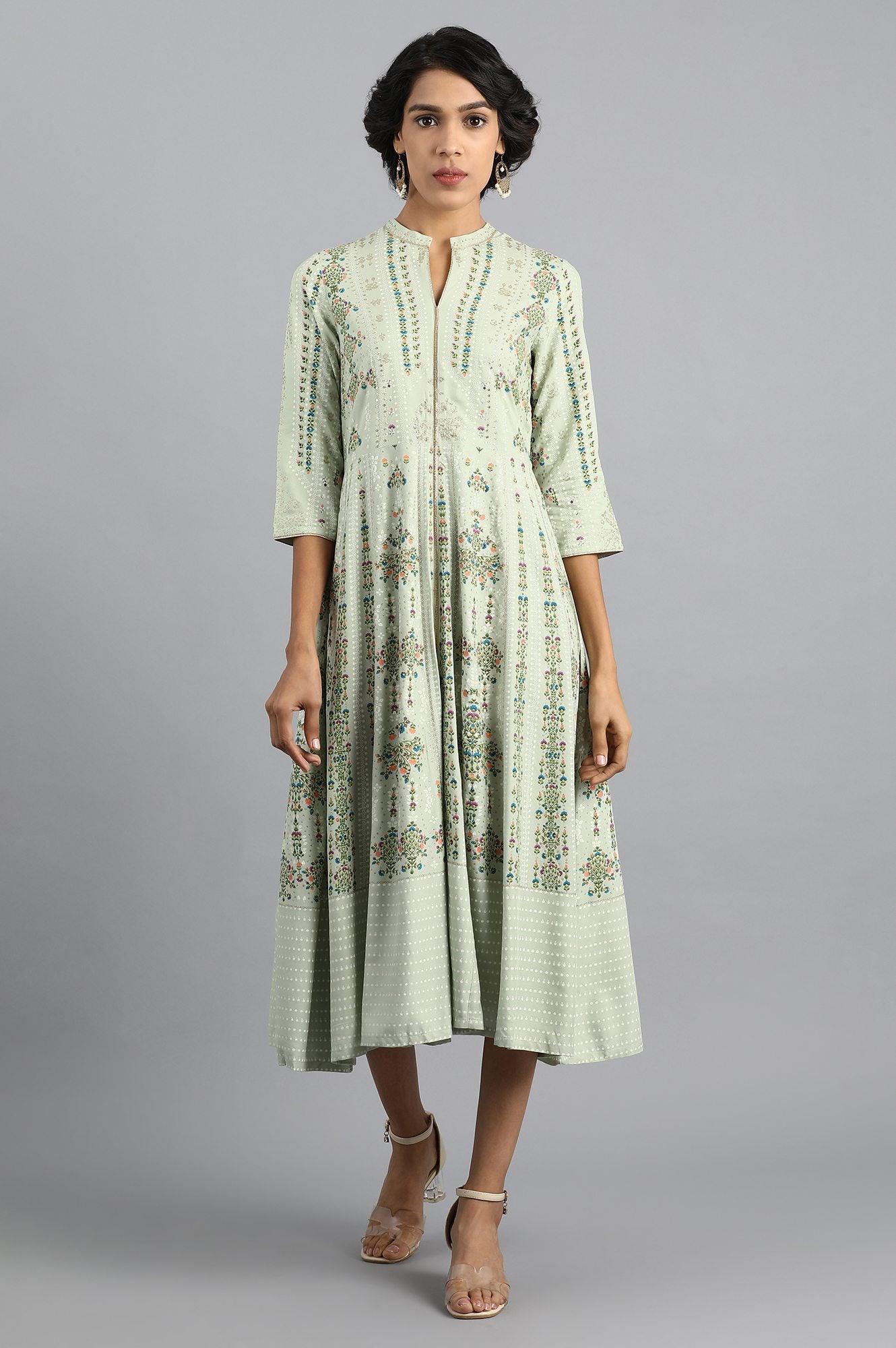 Green Mandarin Neck Printed Dress - wforwoman