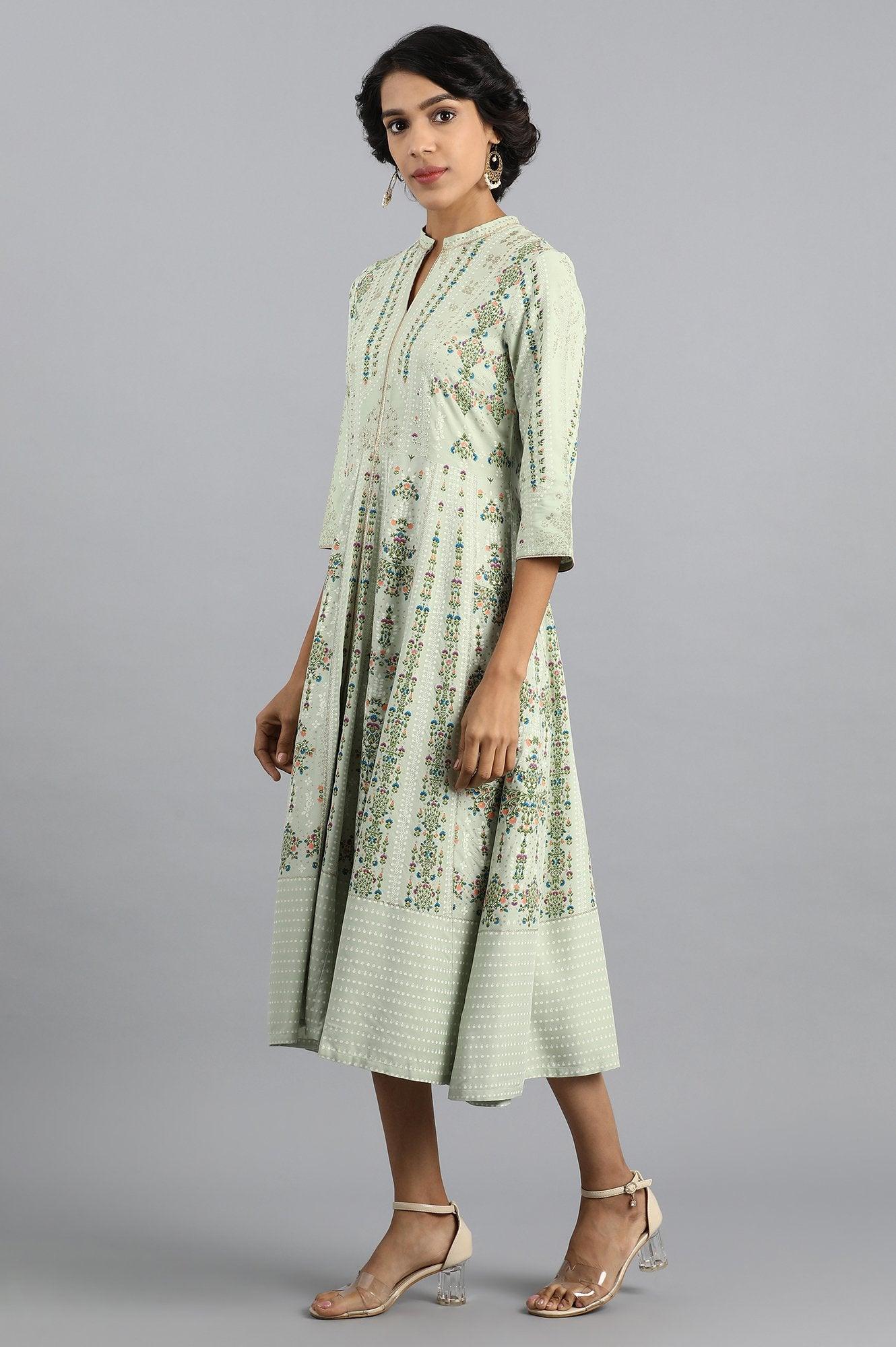 Green Mandarin Neck Printed Dress - wforwoman