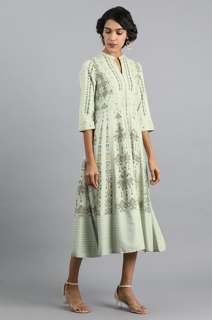 Green Mandarin Neck Printed Dress - wforwoman