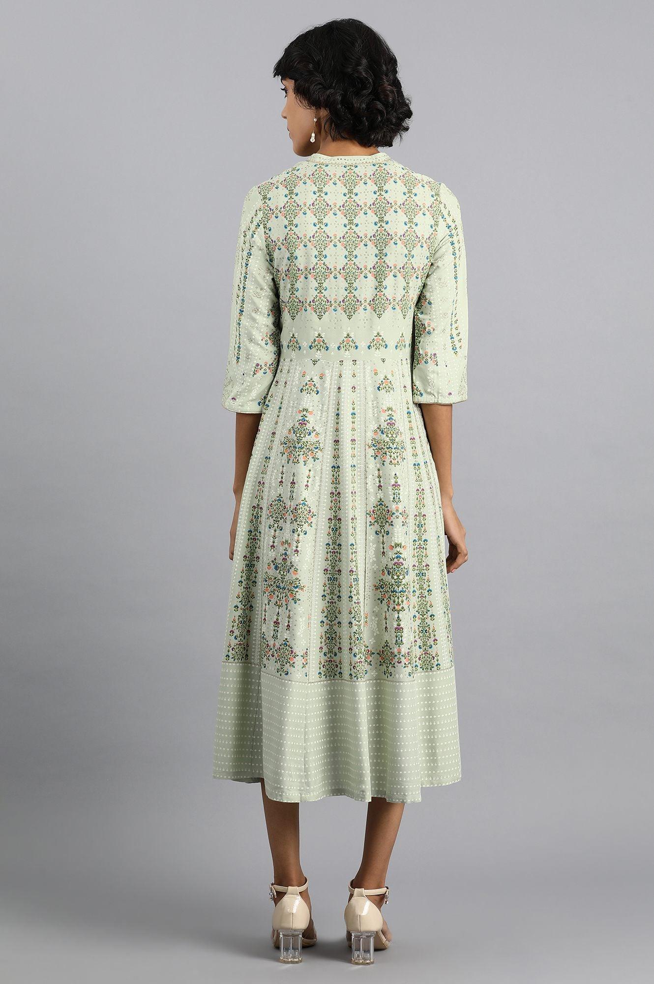 Green Mandarin Neck Printed Dress - wforwoman