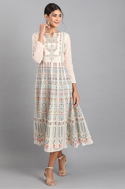 White Round Neck Embroidered Dress - wforwoman