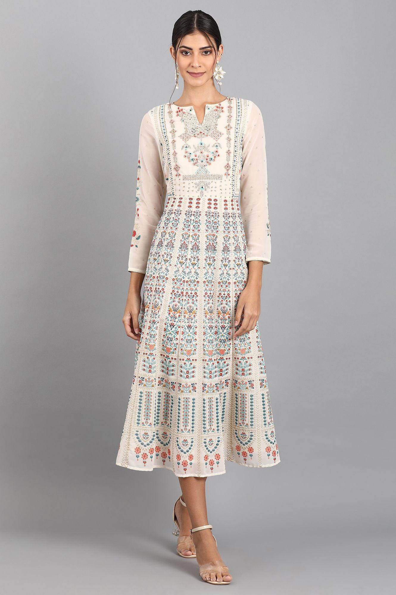 White Round Neck Embroidered Dress - wforwoman