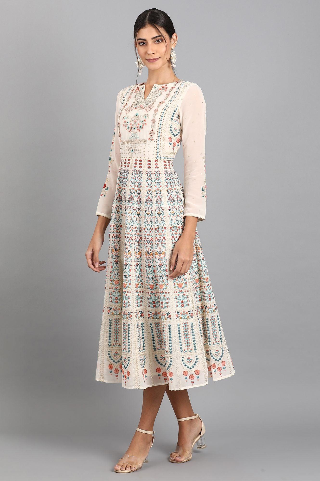 White Round Neck Embroidered Dress - wforwoman