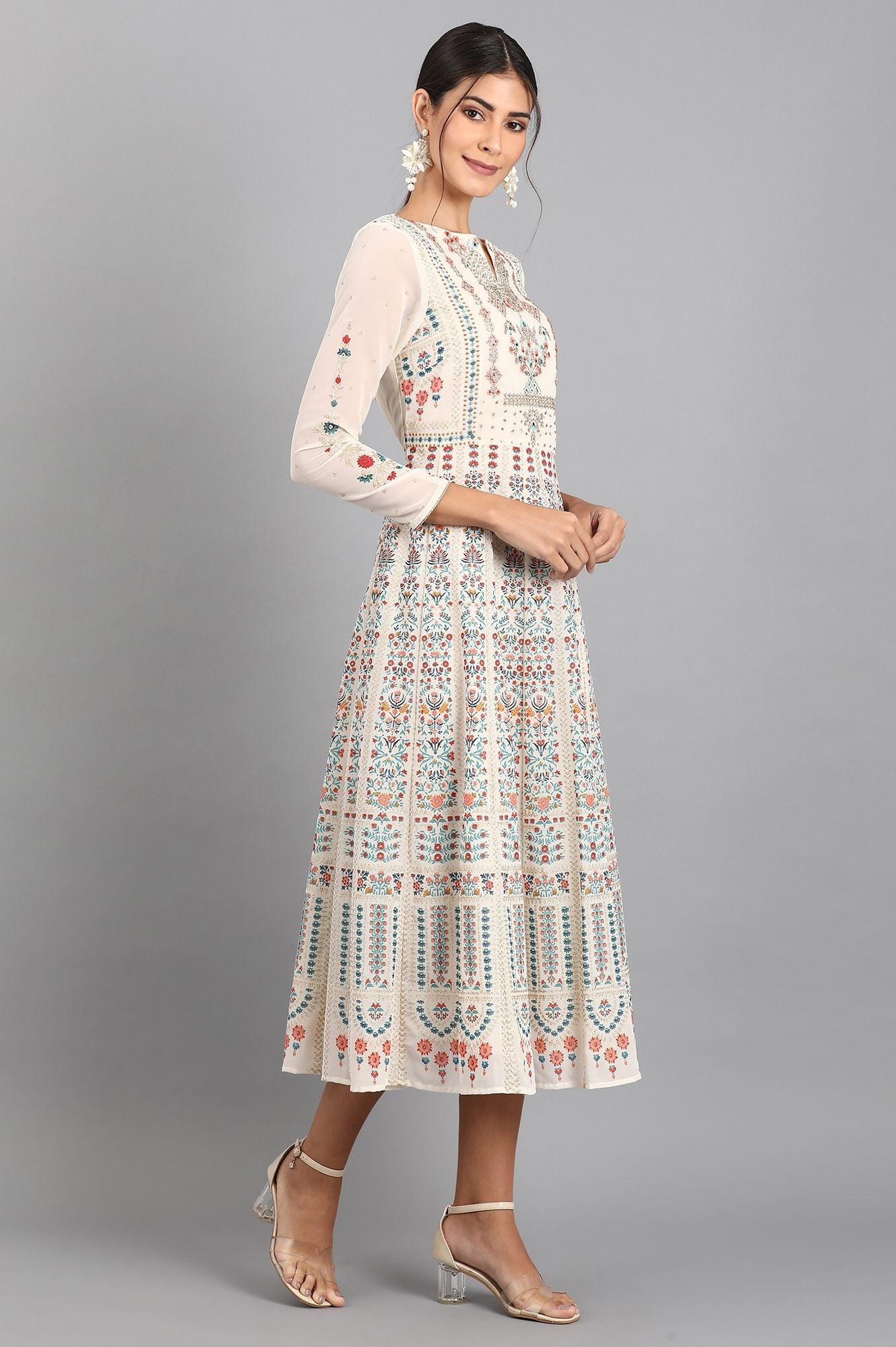 White Round Neck Embroidered Dress - wforwoman