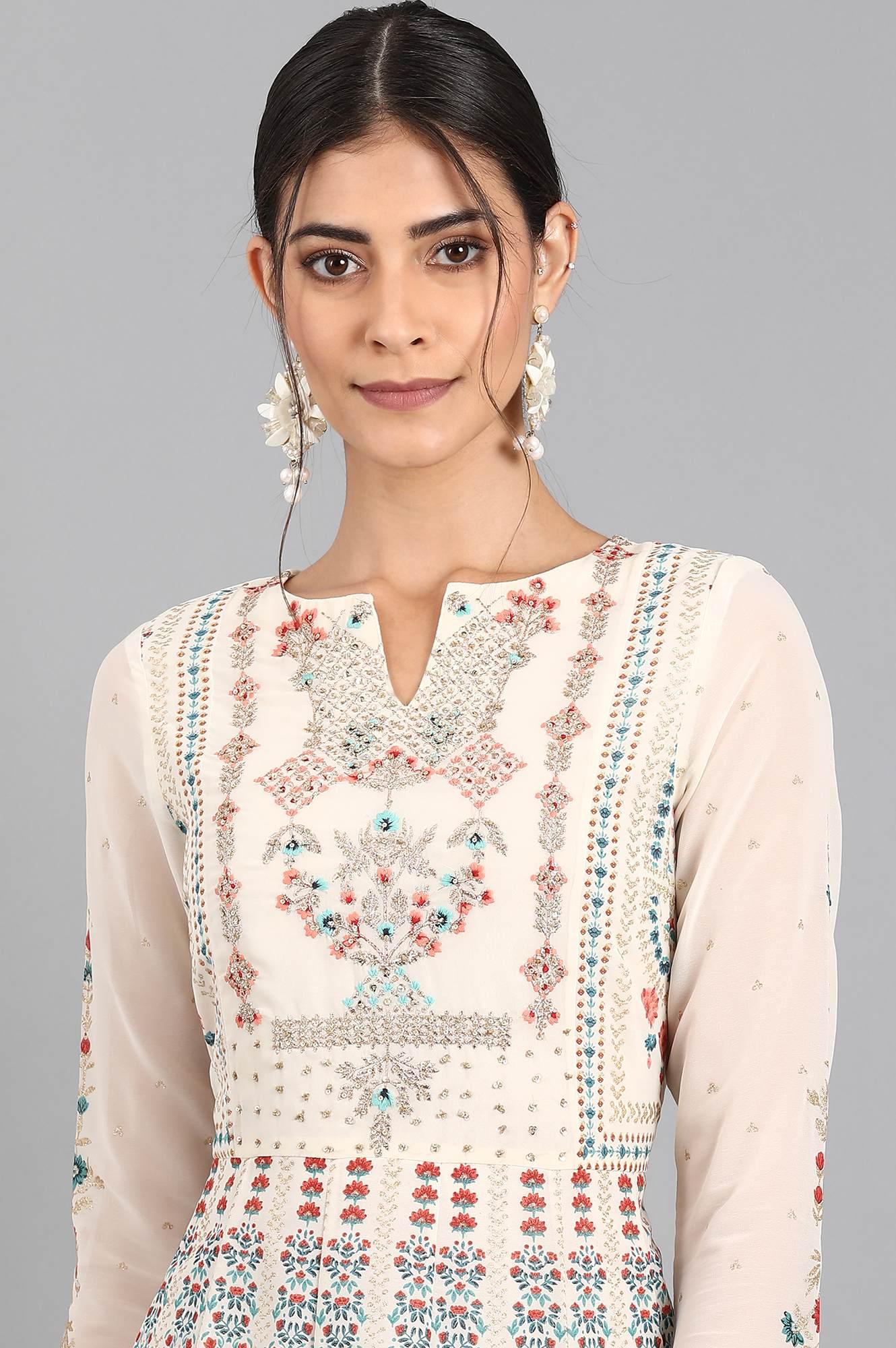 White Round Neck Embroidered Dress - wforwoman