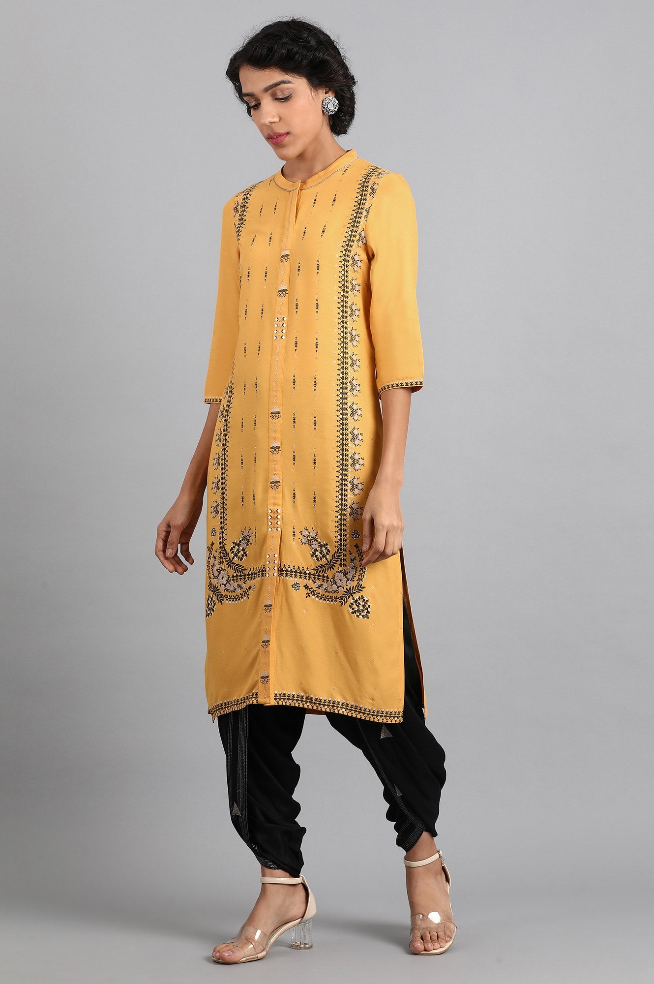 Yellow Mandarin Neck Printed kurta