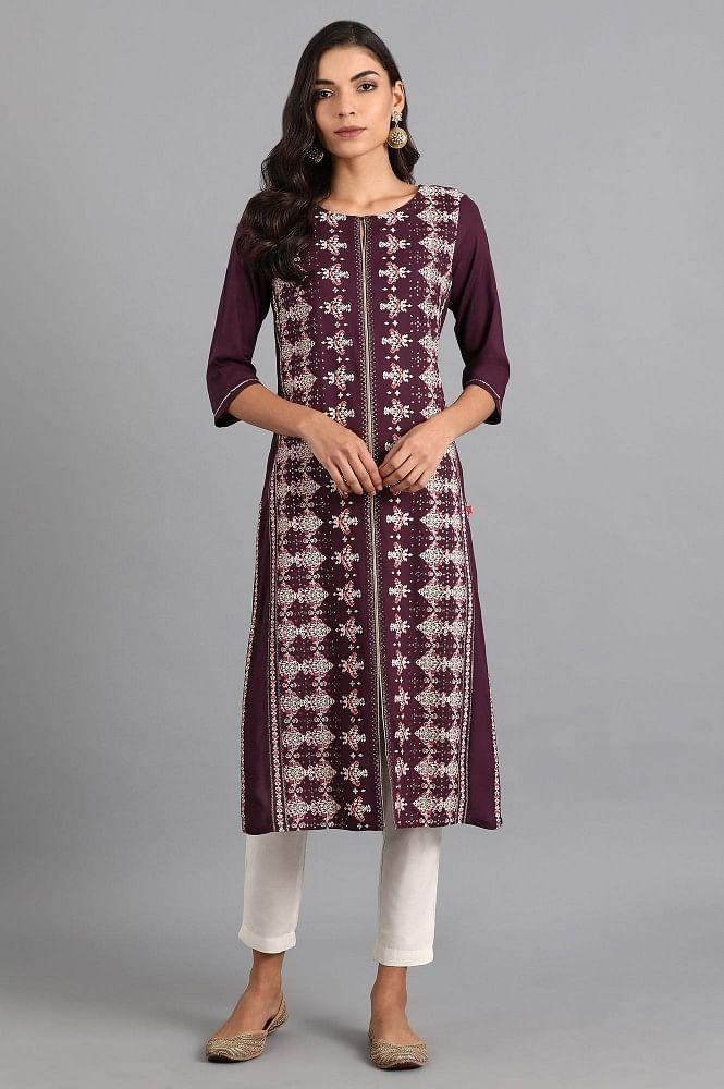 Purple Round Neck Printed kurta - wforwoman