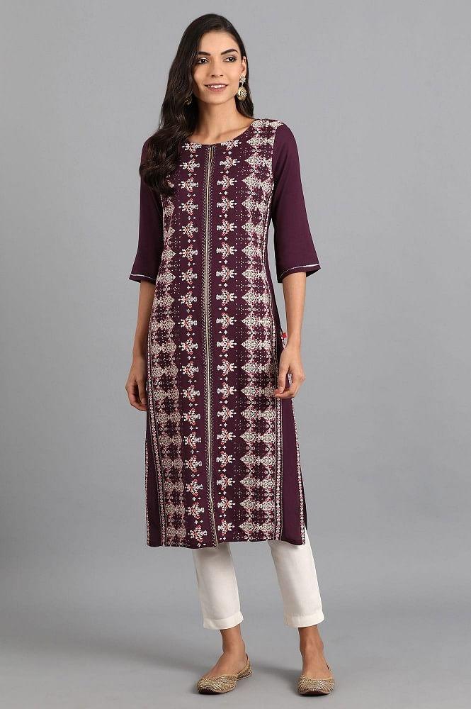 Purple Round Neck Printed kurta - wforwoman