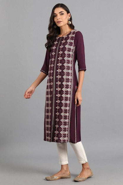 Purple Round Neck Printed kurta - wforwoman