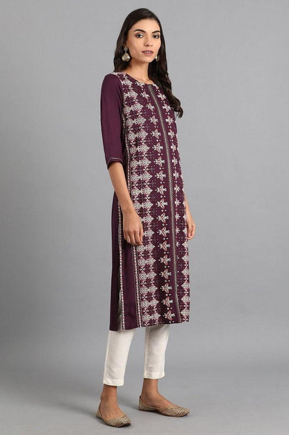 Purple Round Neck Printed kurta - wforwoman