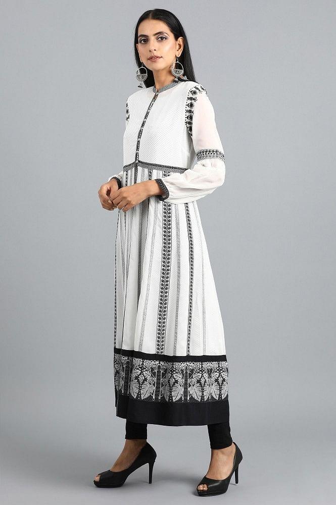 White Mandarin Neck Embroidered kurta - wforwoman