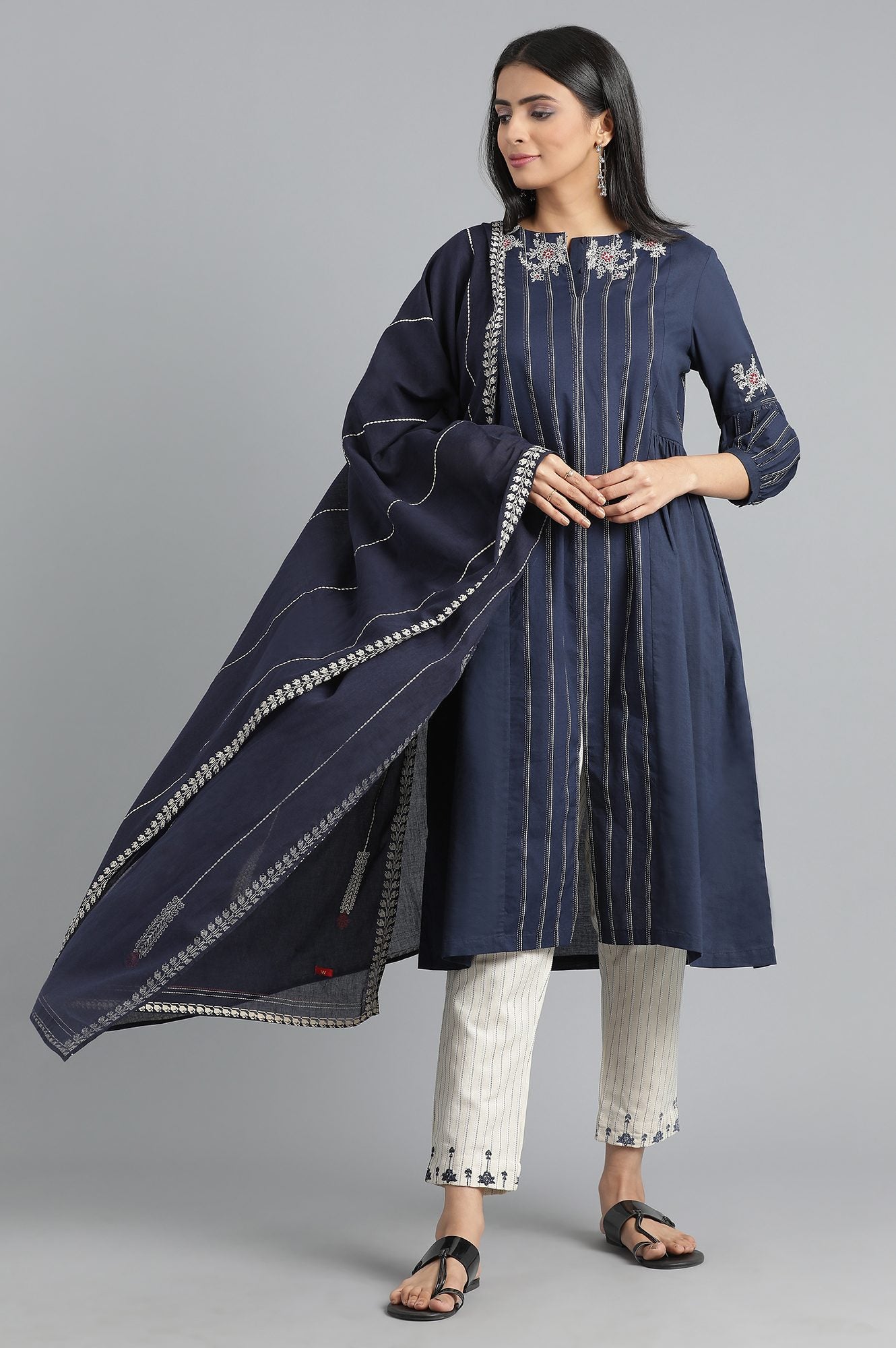 Blue Round Neck Embroidered kurta