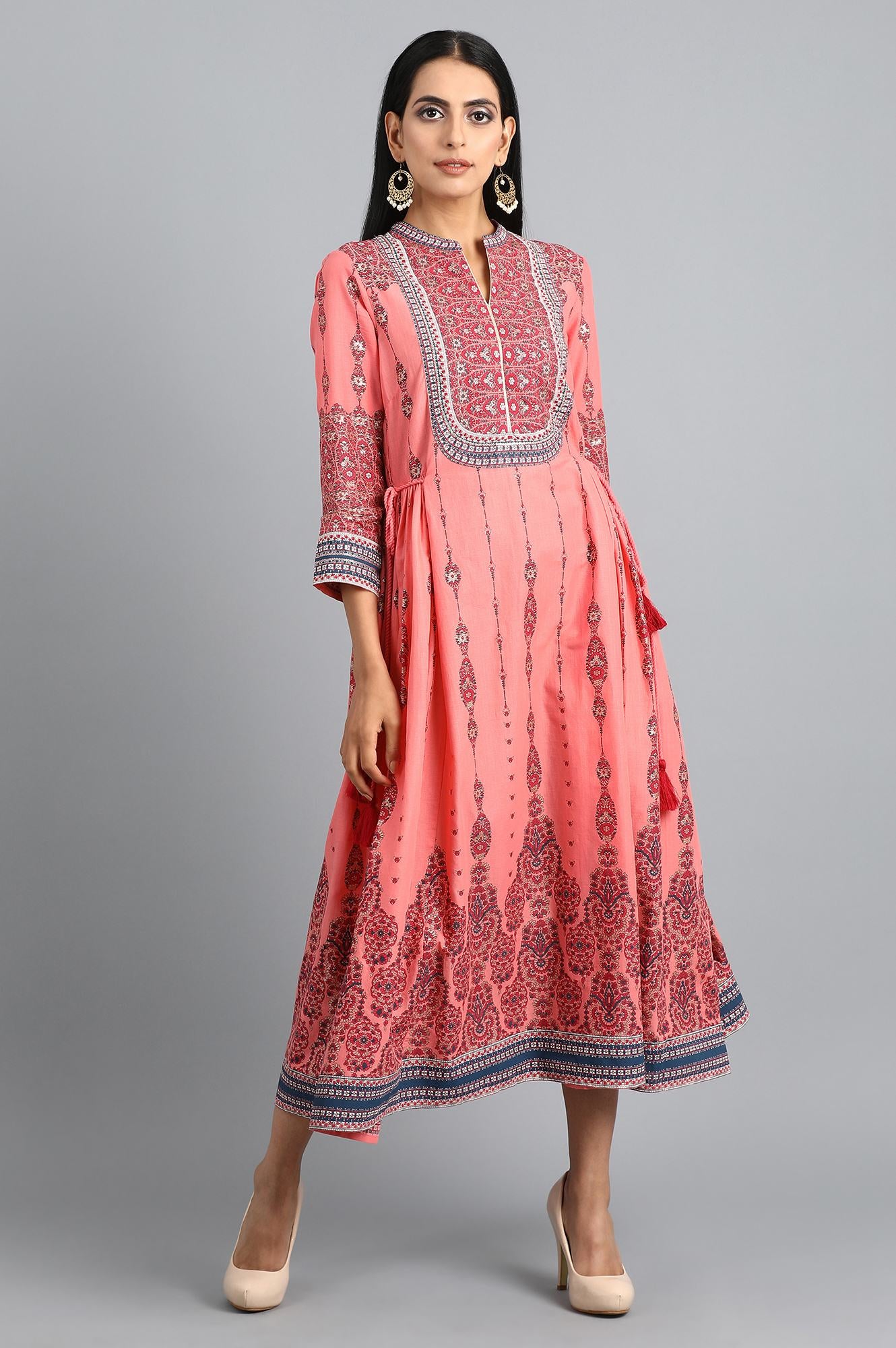 Peach Round Neck Printed Dress