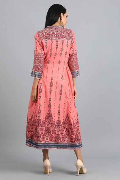 Peach Round Neck Printed Dress