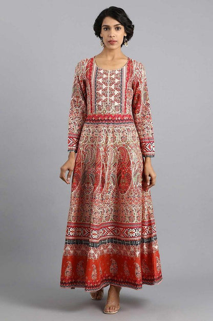 Orange Round Neck Printed Gown - wforwoman