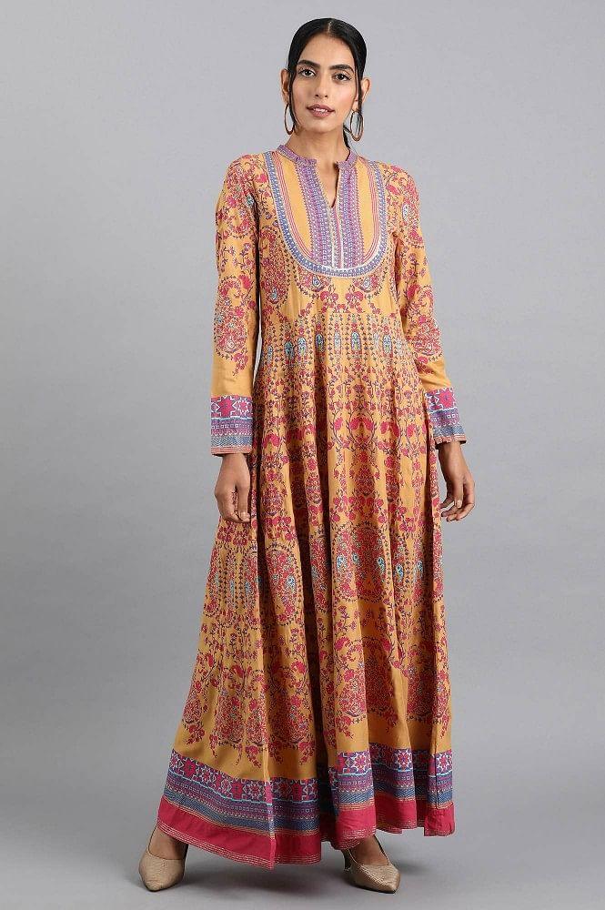 Yellow Mandarin Neck Printed Dress - wforwoman