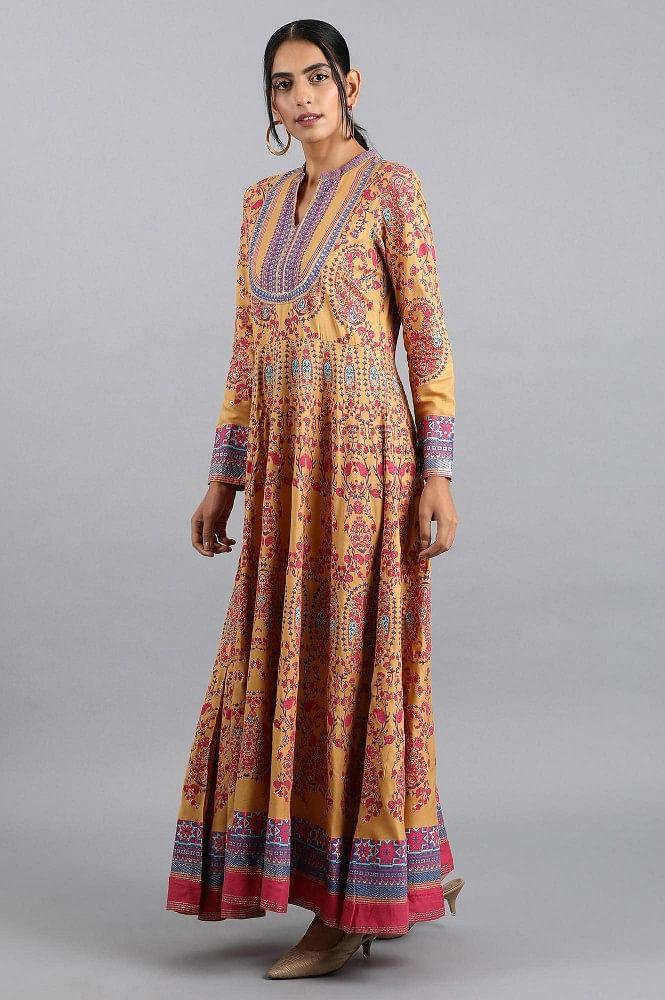 Yellow Mandarin Neck Printed Dress - wforwoman