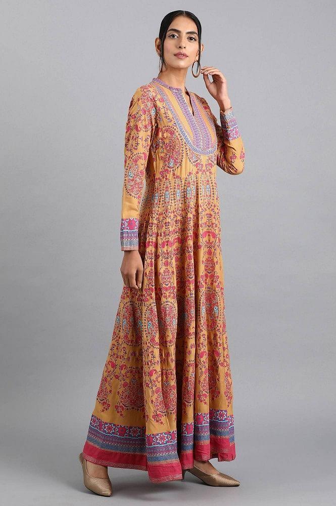 Yellow Mandarin Neck Printed Dress - wforwoman