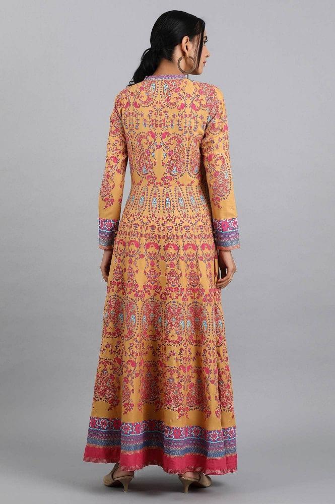 Yellow Mandarin Neck Printed Dress - wforwoman