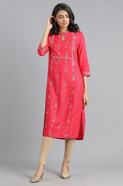 Pink Round Neck Printed kurta - wforwoman