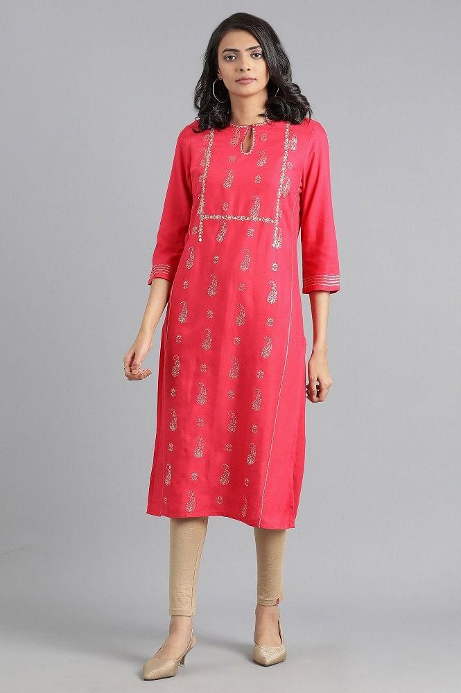 Pink Round Neck Printed kurta - wforwoman