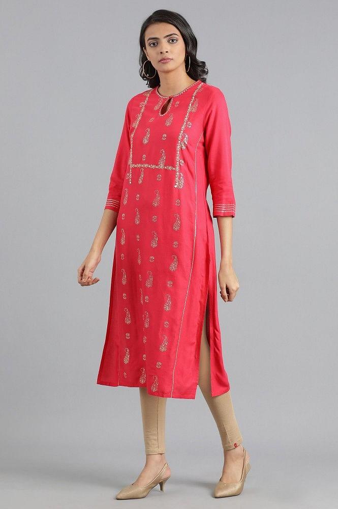 Pink Round Neck Printed kurta - wforwoman