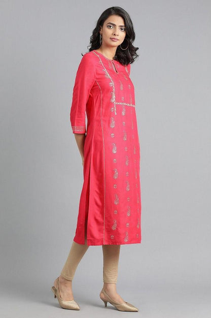 Pink Round Neck Printed kurta - wforwoman