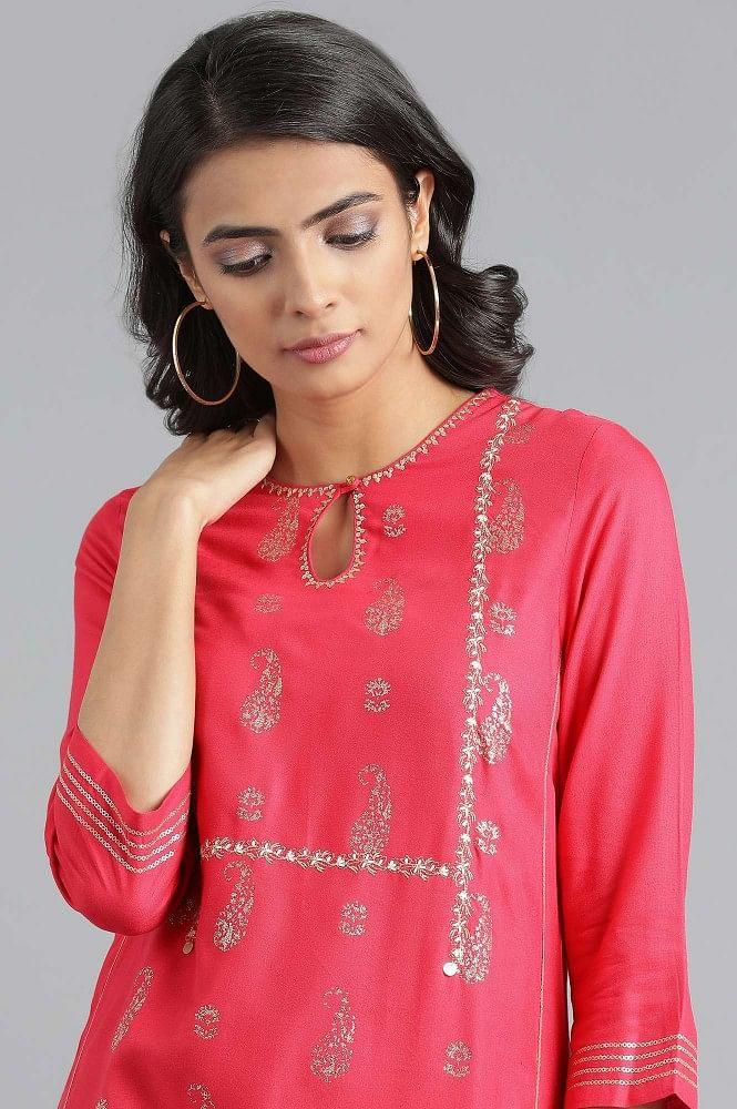 Pink Round Neck Printed kurta - wforwoman