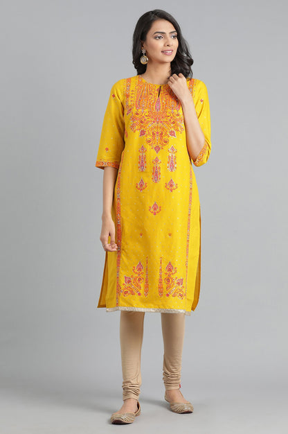 Yellow Round Neck Printed kurta